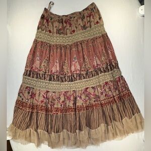 Vtg Phool Boho Tiered Maxi Skirt Gauze Cotton Lace Tulle Hem Festival Size Lg